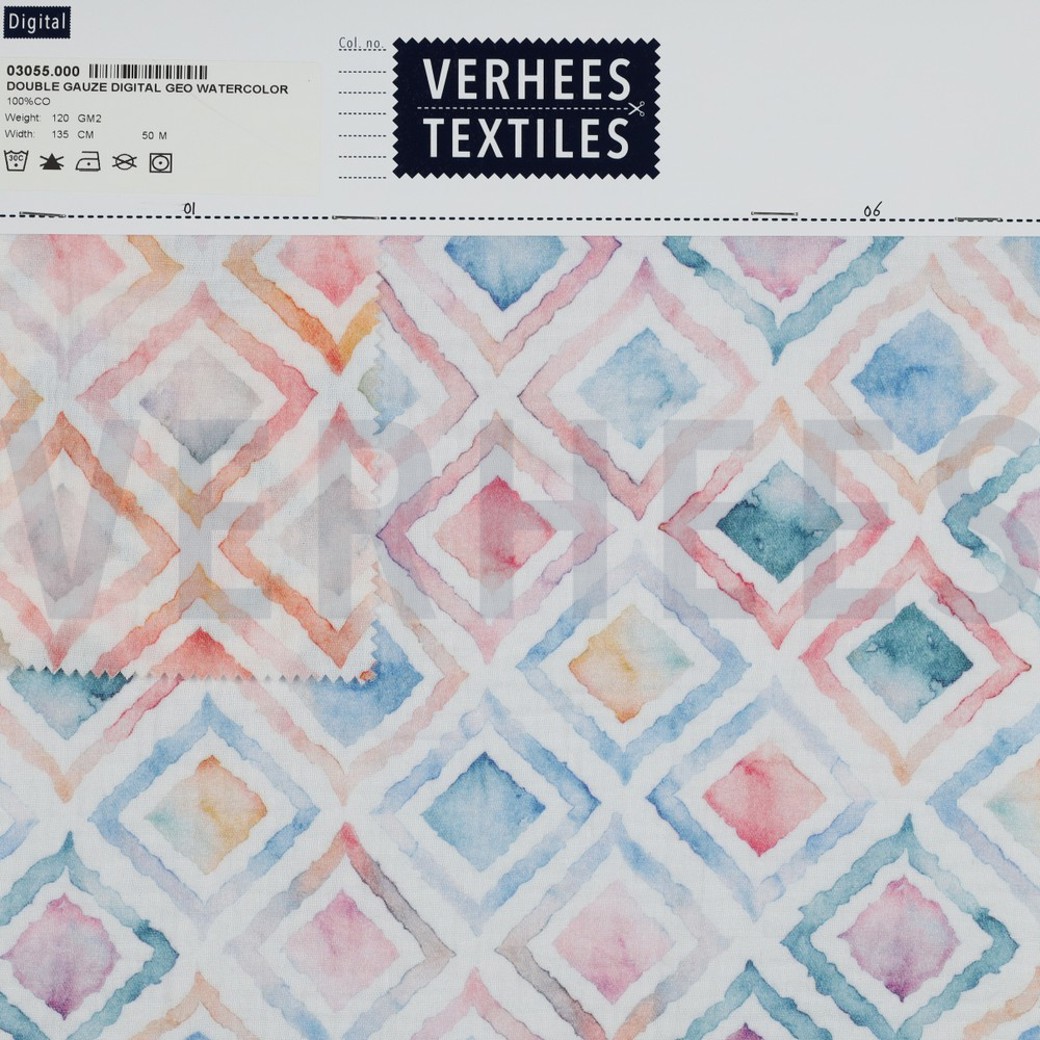 DOUBLE GAUZE DIGITAL GEO WATERCOLOUR WHITE/BLUE #4