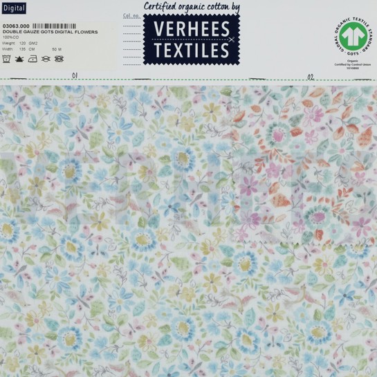 DOUBLE GAUZE GOTS DIGITAL FLOWERS WHITE/PETROL #7
