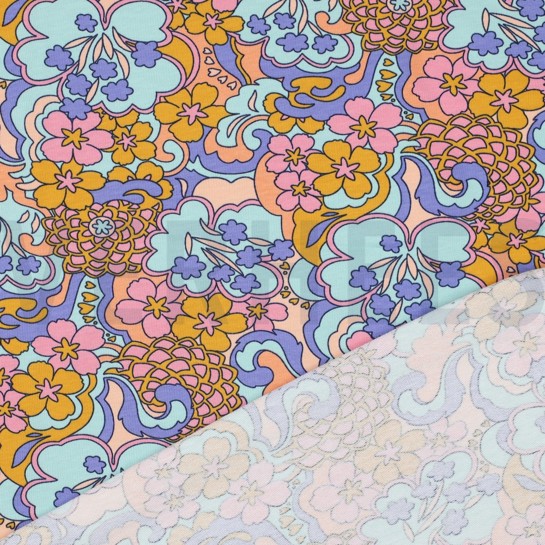 FRENCH TERRY ABSTRACT FLOWERS BLUE #7