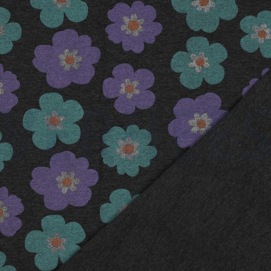 JERSEY MELANGE GLITZER GROSSE BLUMEN ANTHRAZIT MELIERT #7