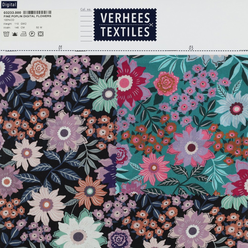FINE POPLIN DIGITAL FLOWERS BLACK #4