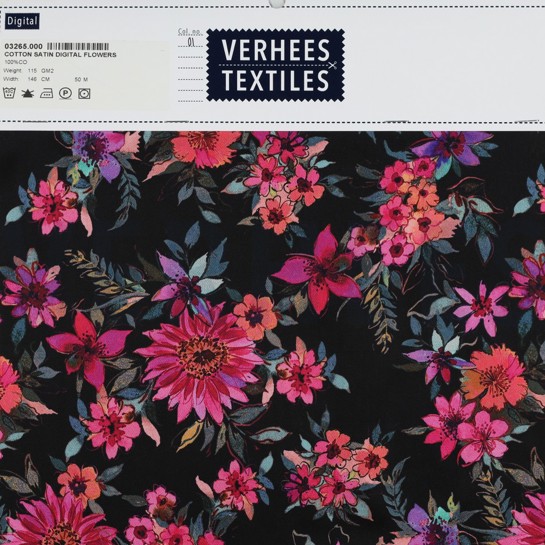 KATOEN SATIJN DIGITAAL BLOEMEN ZWART #7