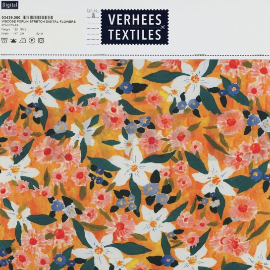 VISKOSE POPELINE STRETCH DIGITAL BLUMEN ORANGE #7