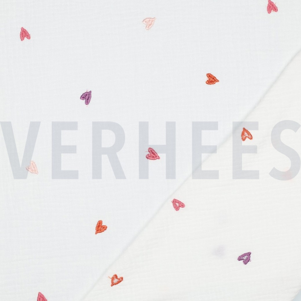 DOUBLE GAUZE EMBROIDERY HEARTS PINK / ORANGE #4