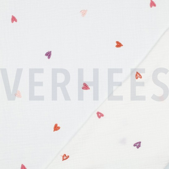 DOUBLE GAUZE EMBROIDERY HEARTS PINK / ORANGE #7