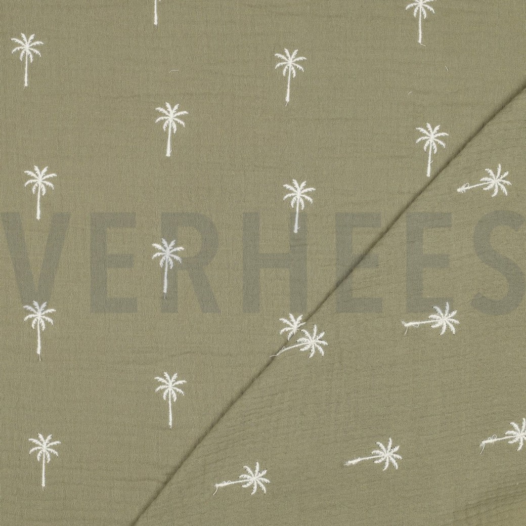 DOUBLE GAUZE EMBROIDERY PALM TREES MOSS GREEN #4