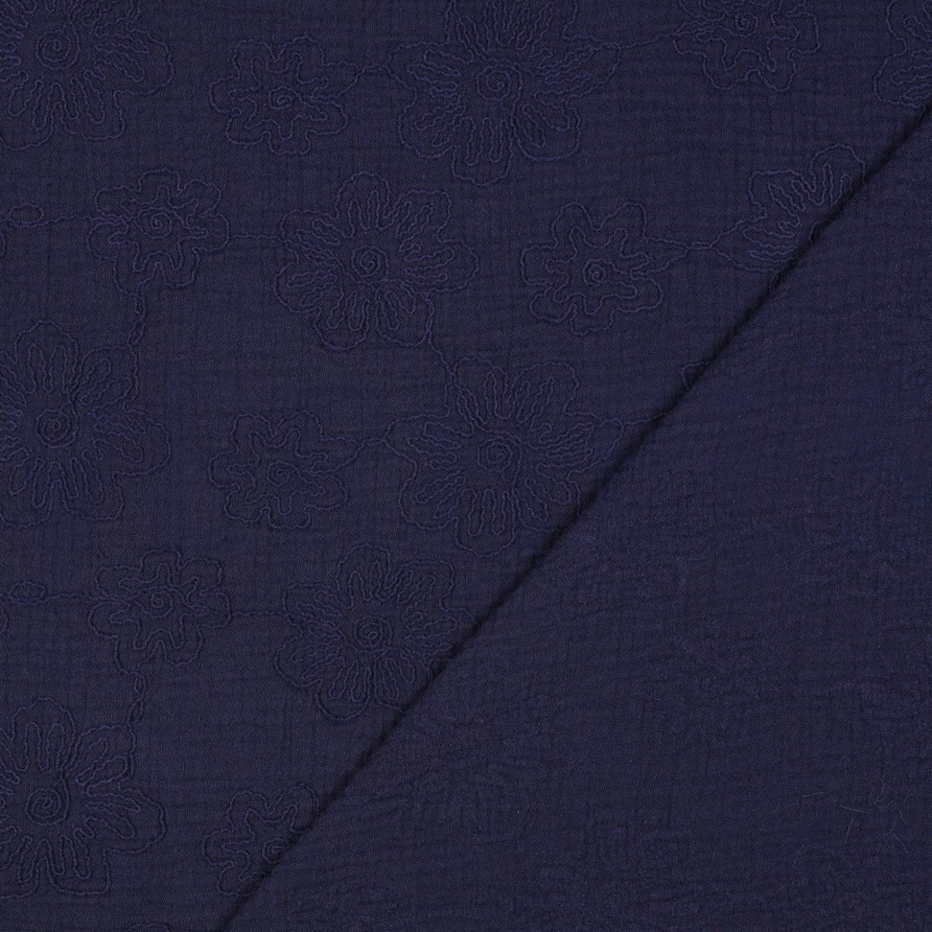 DOUBLE GAUZE EMBROIDERY FLOWERS NAVY #4