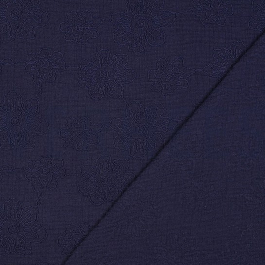 DOUBLE GAUZE EMBROIDERY BLOEMEN MARINEBLAUW #7