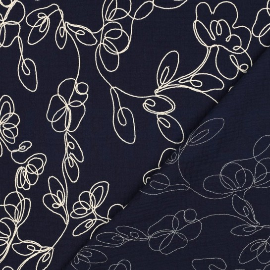 DOUBLE GAUZE EMBROIDERY BLOEMEN MARINEBLAUW #7