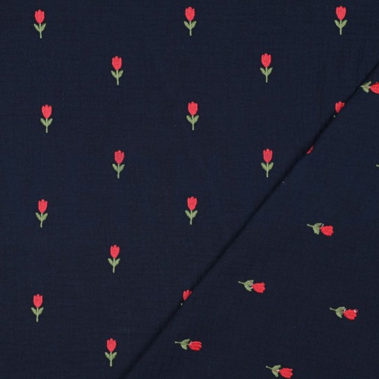 DOUBLE GAUZE EMBROIDERY FLOWERS NAVY #7