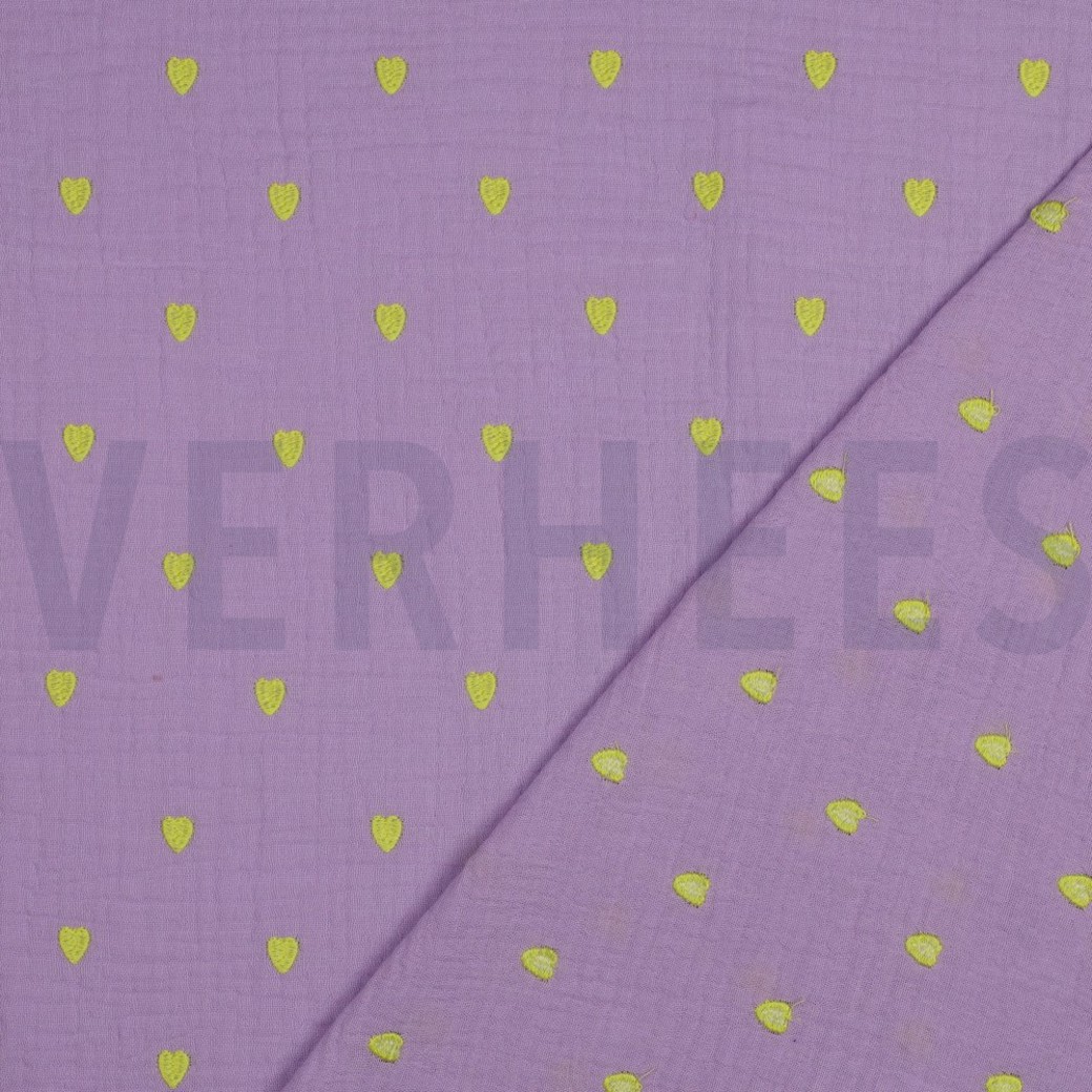 DOUBLE GAUZE EMBROIDERY NEON HEARTS LAVENDER #4