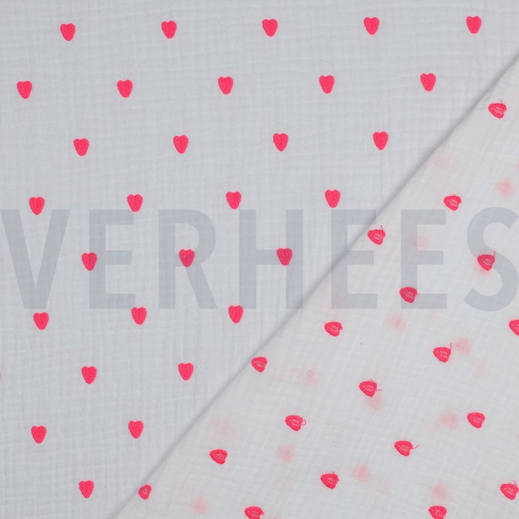 DOUBLE GAUZE EMBROIDERY NEON HEARTS WHITE #4