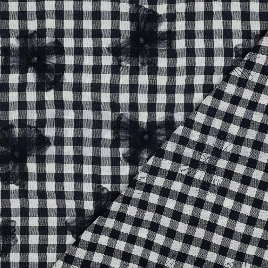 COTTON YARN DYED CHECKS TULE FLOWERS NAVY #4