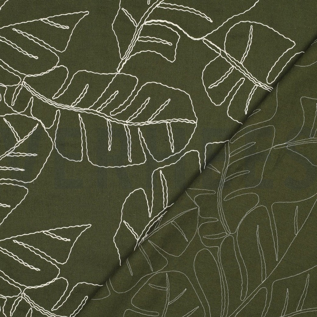 LINEN VISCOSE EMBROIDERY LEAVES FOREST GREEN #4