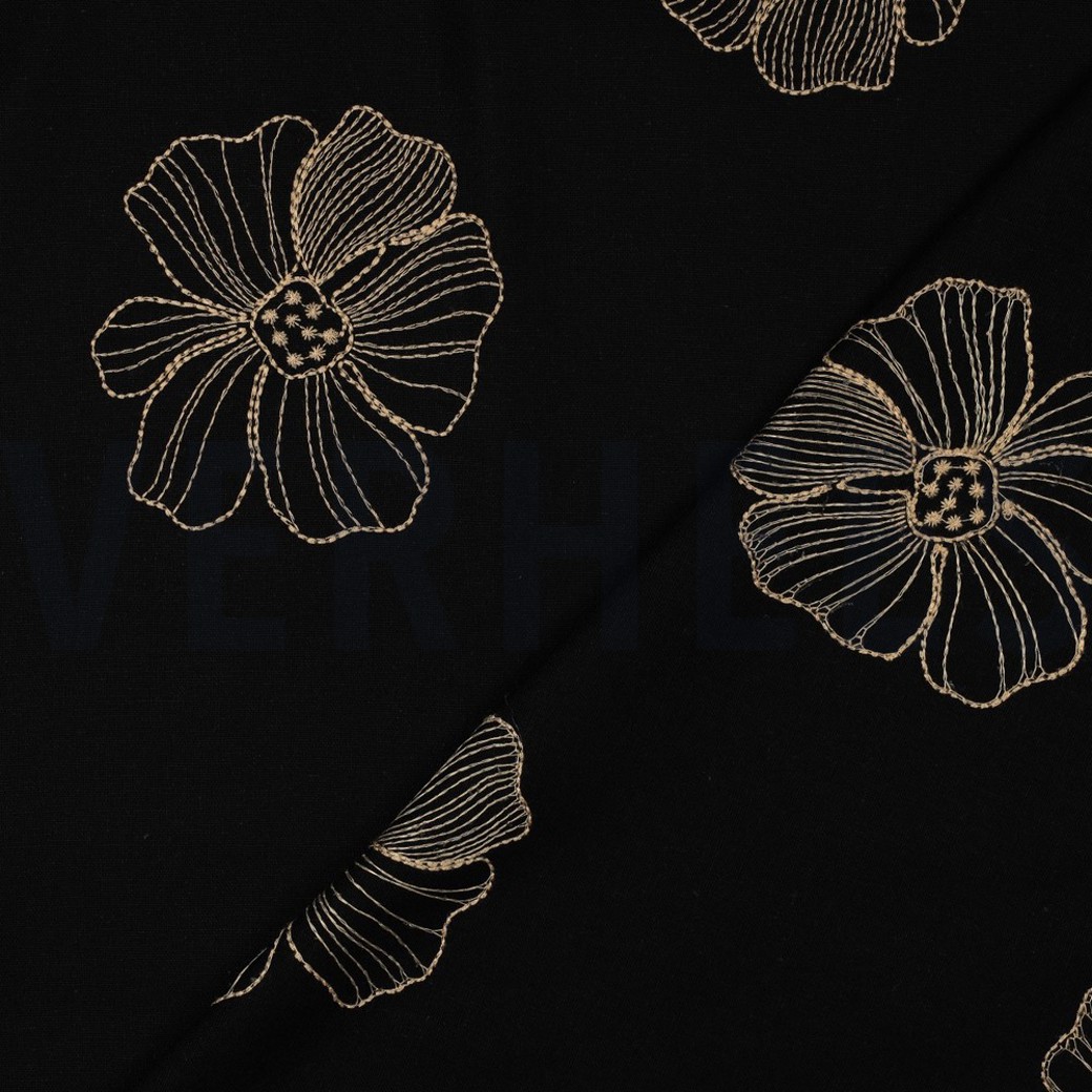 LINEN VISCOSE EMBROIDERY FLOWERS BLACK #4