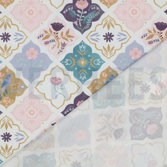 FINE POPLIN DIGITAL BIRDS & FLOWERS WHITE #7