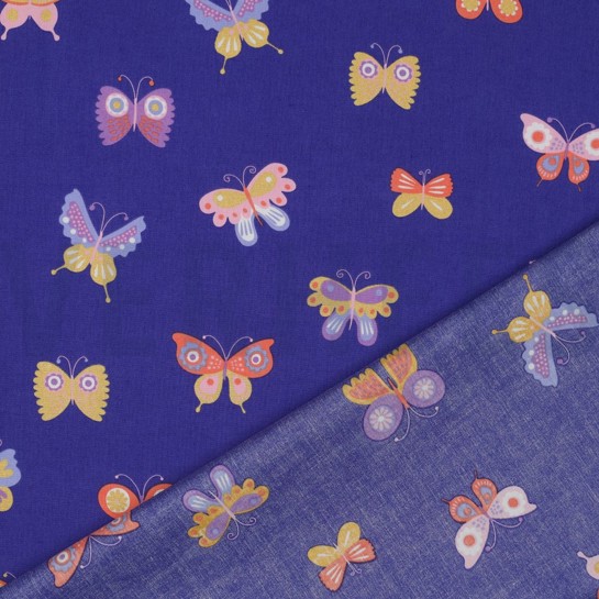 BAUMWOLLE POPELINE FOLIE SCHMETTERLINGE KOBALTBLAU #7