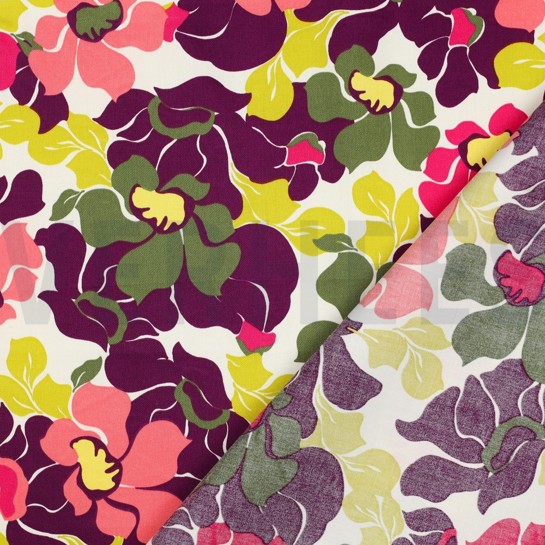 KATOEN SATIJN ABSTRACTE BLOEMEN DONKERPAARS / ZALM #7