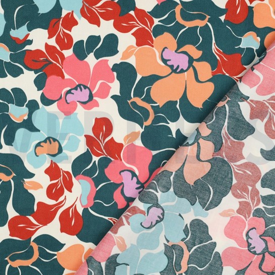 KATOEN SATIJN ABSTRACTE BLOEMEN DONKERGROEN / PERZIK #7