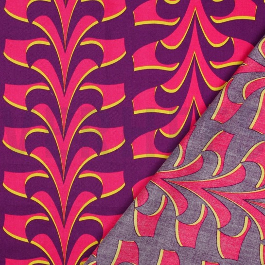 KATOEN SATIJN ABSTRACTE BLOEMEN DONKERPAARS #7