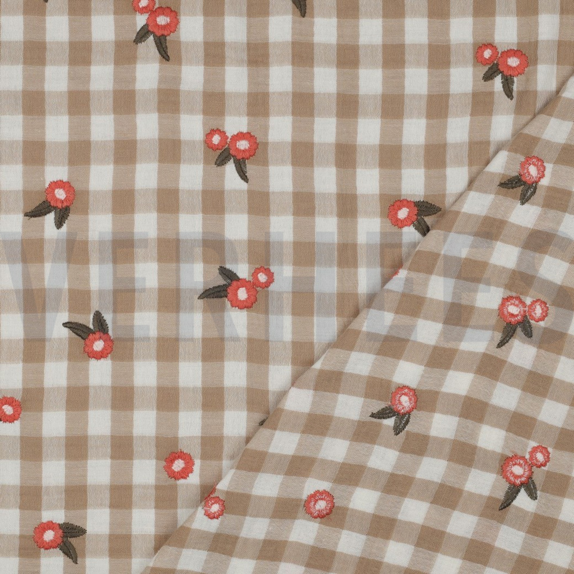DOUBLE GAUZE CHECKS EMBROIDERY FLOWERS BEIGE (high resolution) #4