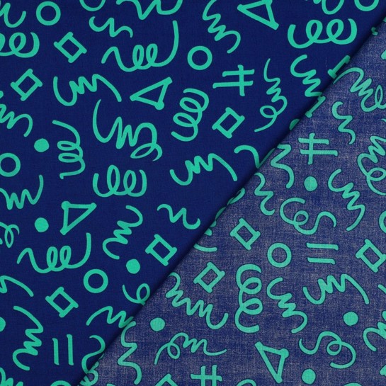 KATOENEN POPLIN GEOMETRISCH DONKERBLAUW / PETROL #7