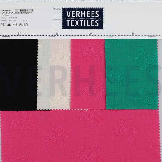 DOUBLE GAZE DE COTON BRODERIE FLEURS FUCHSIA #7