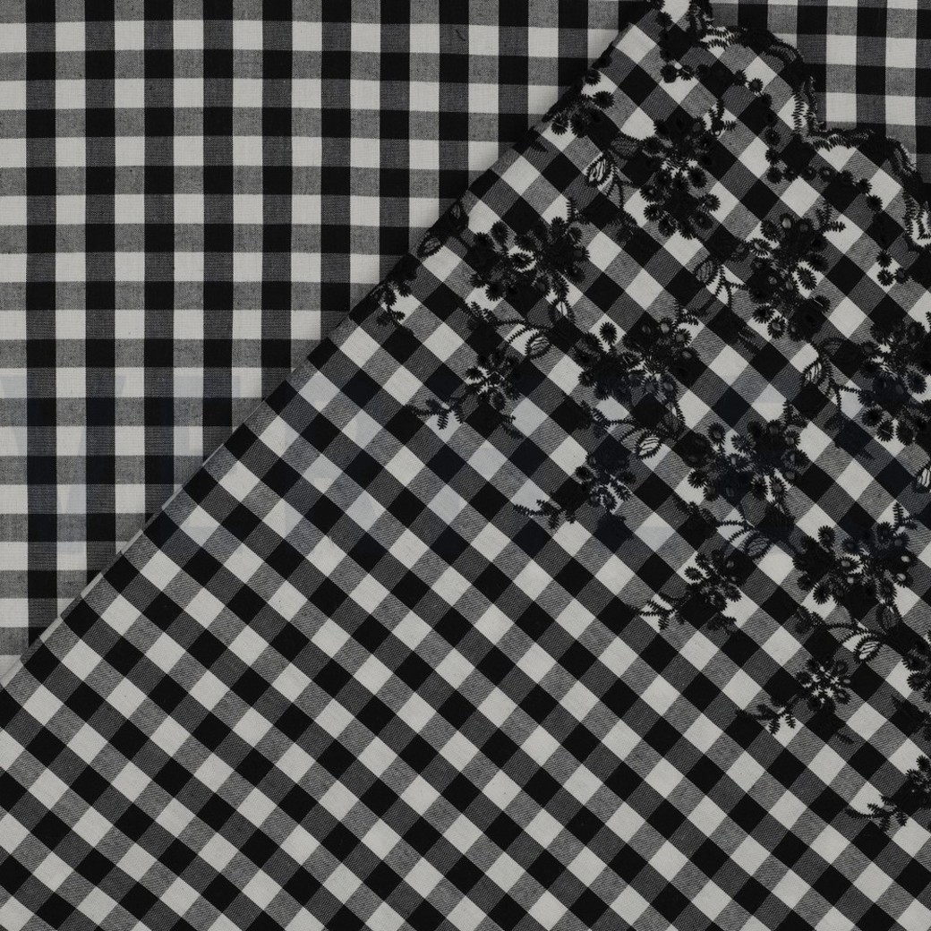 COTTON CHECKS ONE-SIDE BORDER ONE-SIDE SCALLOP BLACK / WHITE #4
