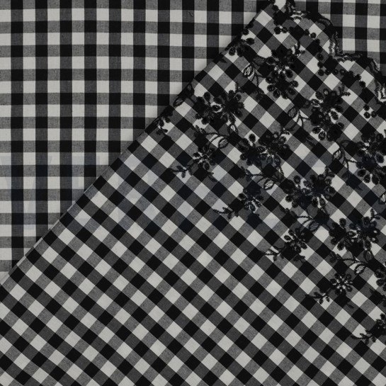 COTTON CHECKS ONE-SIDE BORDER ONE-SIDE SCALLOP BLACK/ WHITE #7