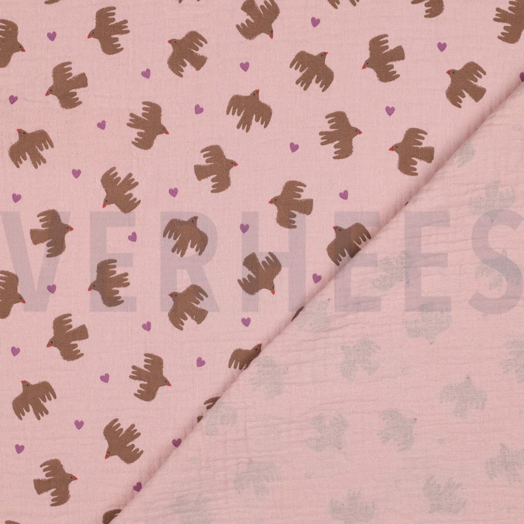 DOUBLE GAUZE GOTS BIRDS SOFT ROSE #4