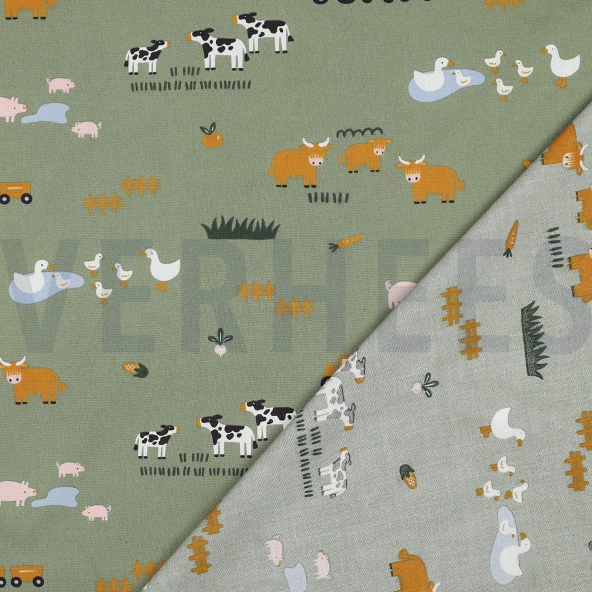 FINE POPLIN FARM ANIMALS ARMY GREEN (high resolution) #4
