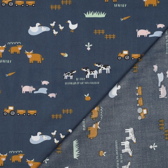 BAUMWOLLE POPELINE BAUERNHOFTIERE BLAU #7