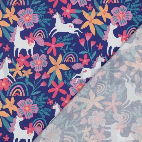 BAUMWOLLE POPELINE BLUMEN UND EINHÖRNER KOBALTBLAU #7