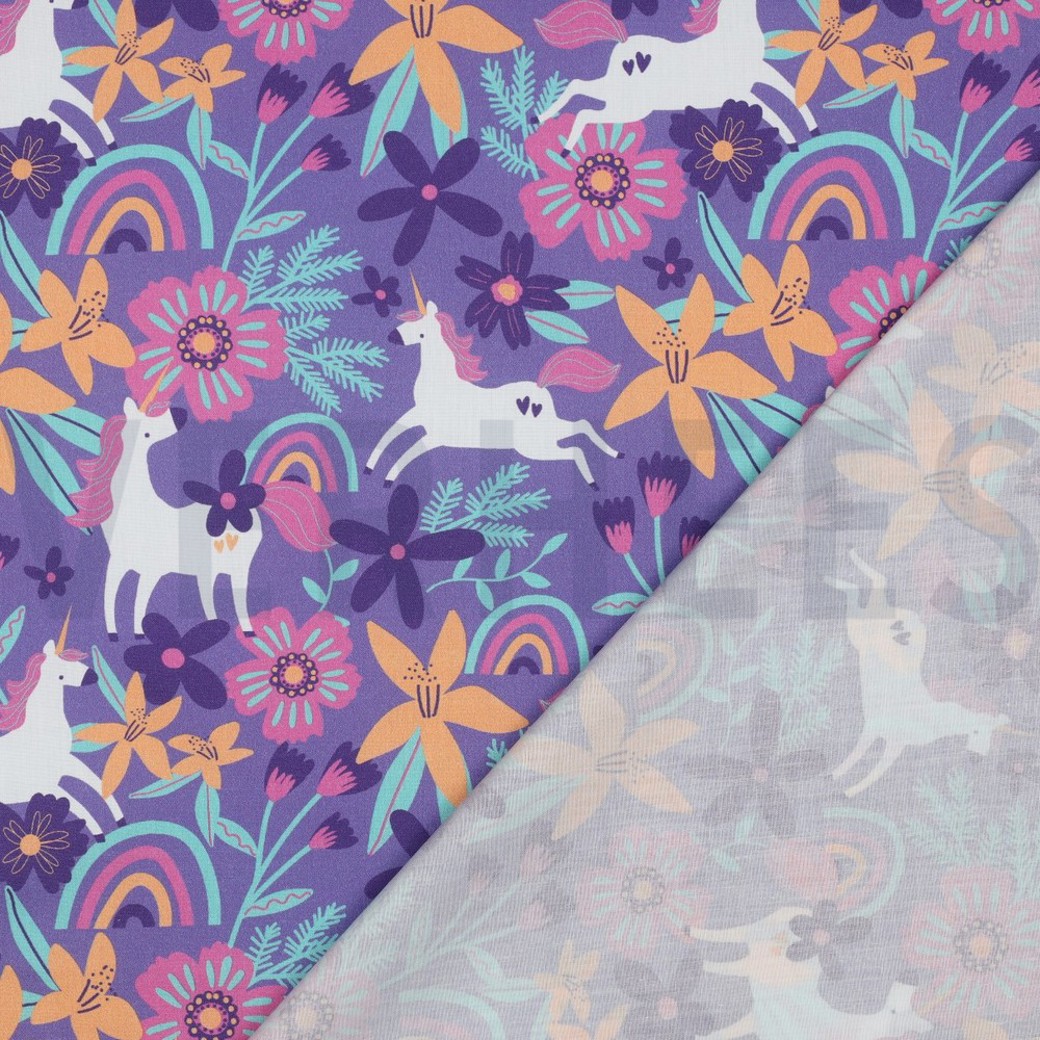 FINE POPLIN FLOWERS AND UNICORNS LAVENDER #4