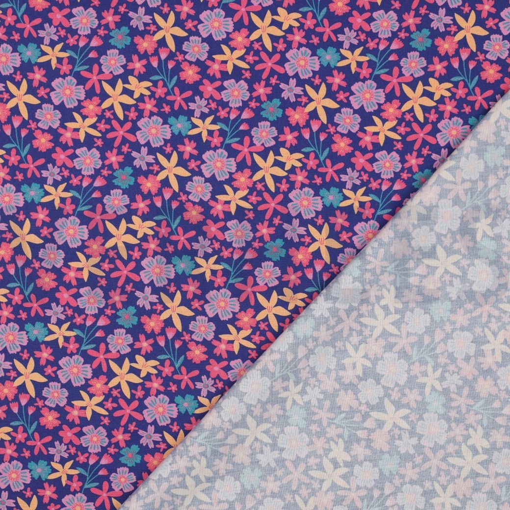FINE POPLIN FLOWERS AND UNICORNS COBALT #4
