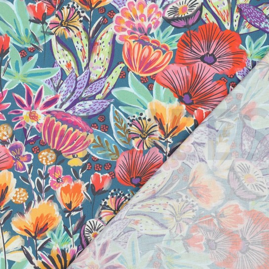 BAUMWOLLE POPELINE DIGITAL BLÜTEN PETROL #7