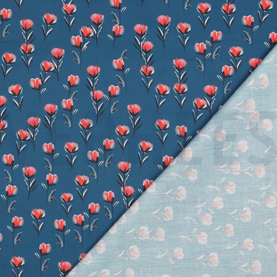 BAUMWOLLE POPELINE DIGITAL BLÜTEN PETROL #7