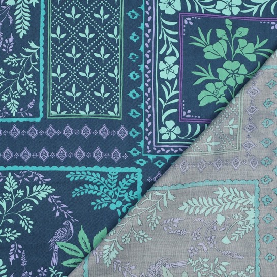 KATOEN SATIJN PATCHWORK BLOEMEN PETROL #7