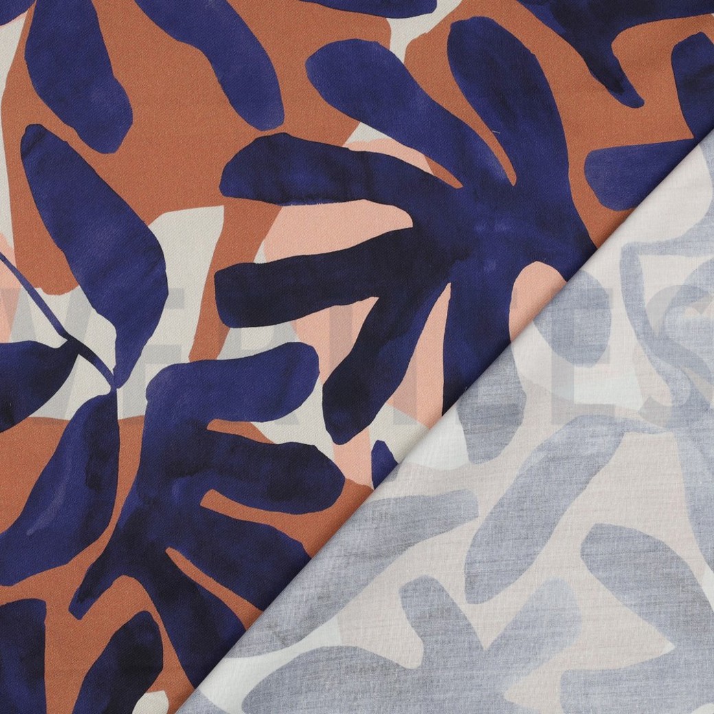 COTTON SATIN DIGITAL LEAVES BLUE #4