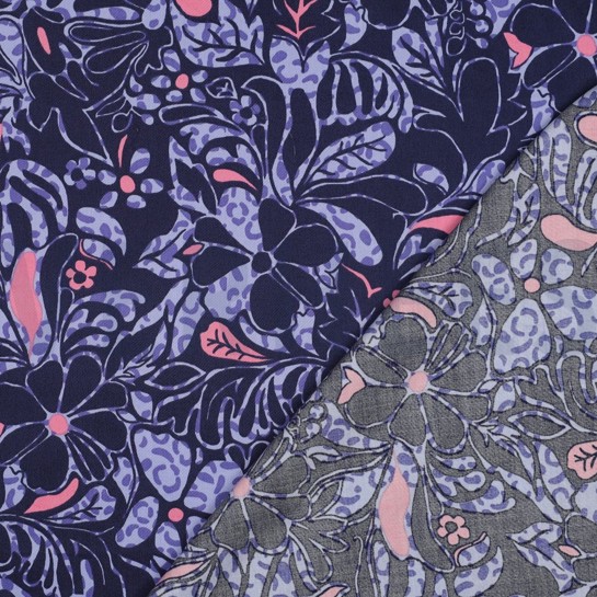 KATOEN SATIJN BLOEMEN MARINEBLAUW #7