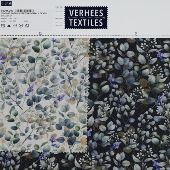 VISKOSE POPELINE STRETCH DIGITAL BLÄTTER MARINEBLAU #7