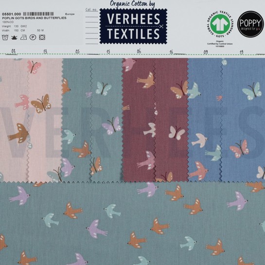 KATOENEN POPLIN GOTS VOGELS EN VLINDERS POEDER #7