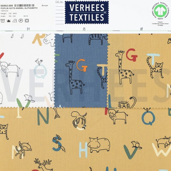 KATOENEN POPLIN GOTS DIERENALFABET BLAUW #7