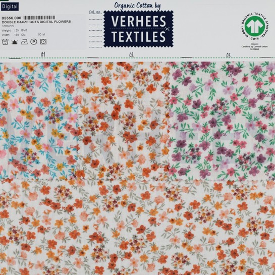 DOUBLE GAUZE GOTS DIGITAL FLOWERS WHITE / GRAPE #7