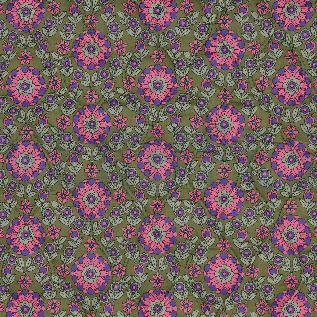 COTTON VOILE STEPPED FLOWERS PURPLE / ARMY GREEN #4