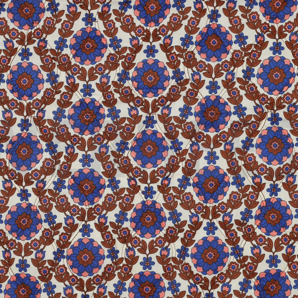 COTTON VOILE STEPPED FLOWERS CARAMEL / COBALT #4