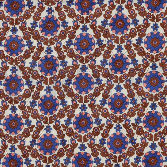 COTTON VOILE STEPPED FLOWERS CARAMEL/ COBALT #7