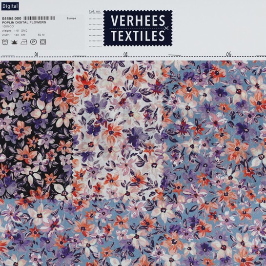 BAUMWOLLE POPELINE DIGITAL BLUMEN HIMMELBLAU #7