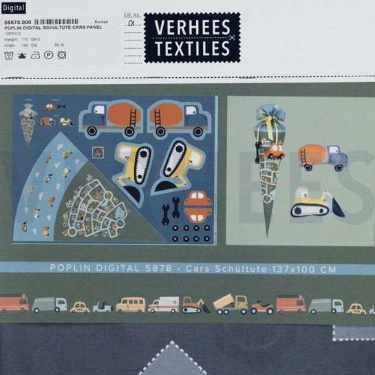 POPELINE DE COTON DIGITAL SCHULTÜTE VOITURES PANNEAU BLEU #7