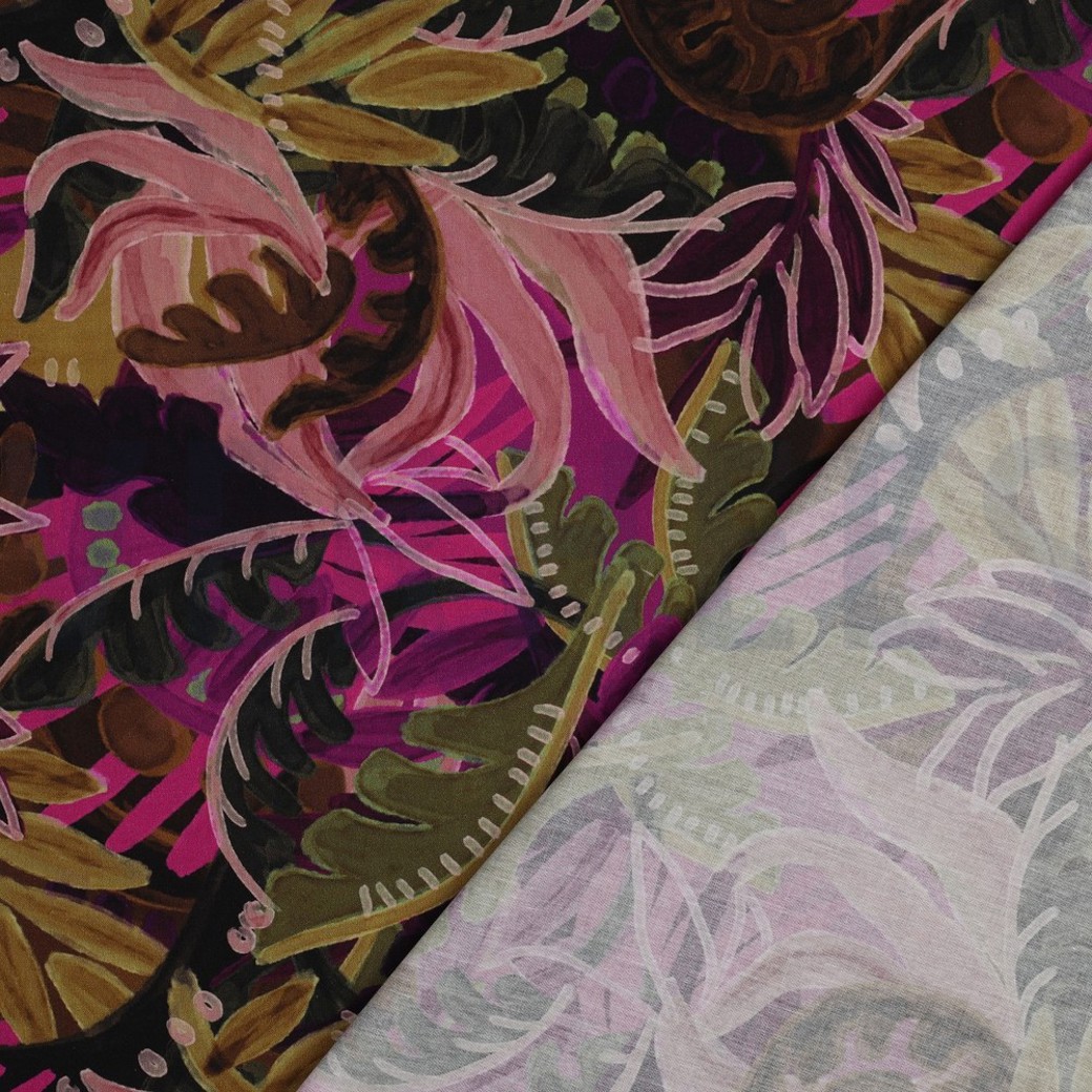 COTTON VISCOSE DIGITAL LEAVES PINK/ OCHRE #4